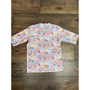 Coolibar Youth XL Sea Island Rash Guard Short Sleeve Pink Beach UPF 50+